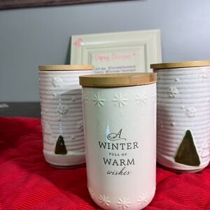 White and Cream Winter Wishes Christmas 🎄 empty new Jars 3 in total. Wood lids